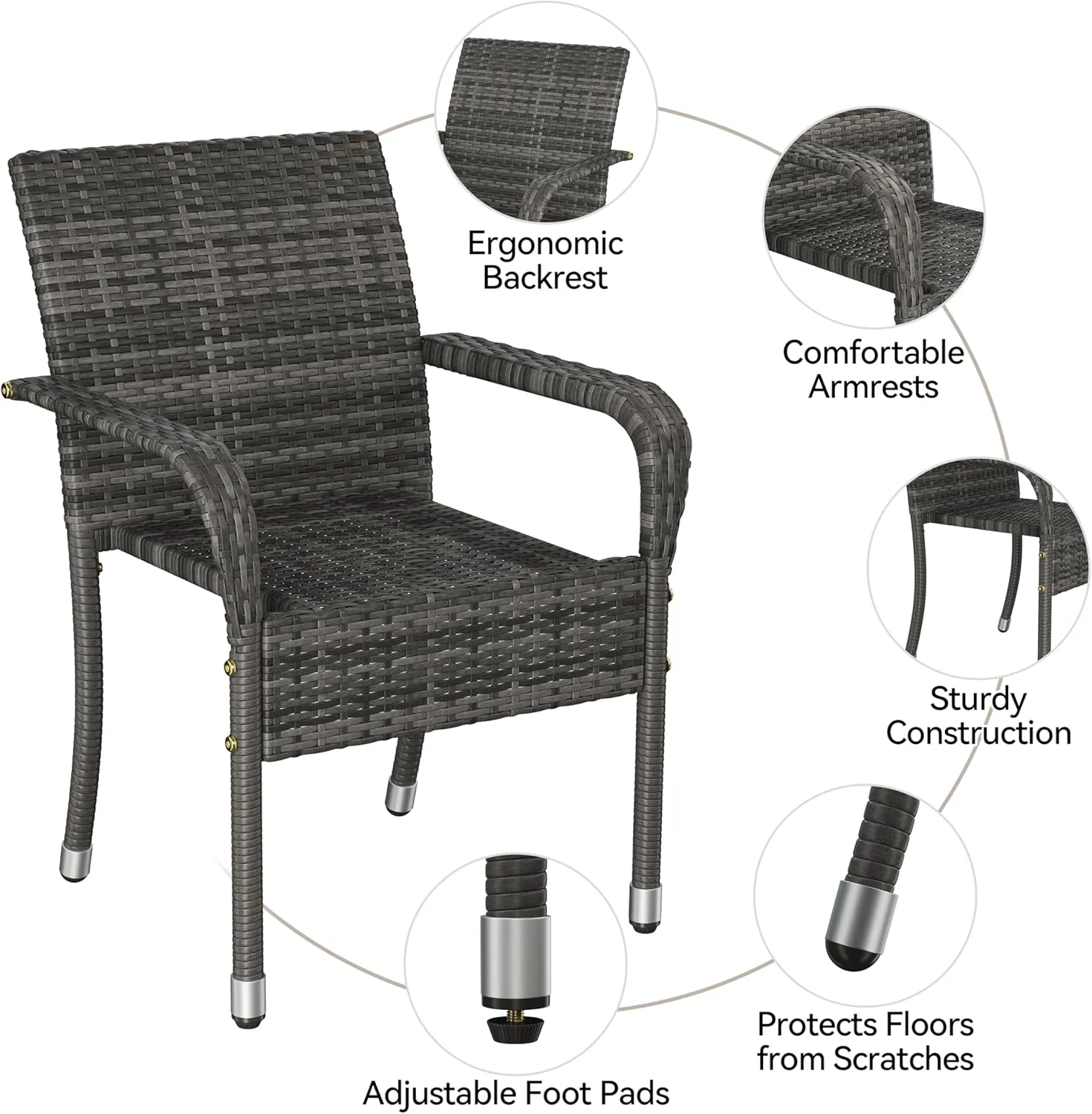Yaheetech Set of 2 Stackable Outdoor Rattan Dining Chairs, All-Weather Firepits Armchair w/Armrests, Steel Frame for Garden, Patio, Deck, Yard, Poolside, Gray