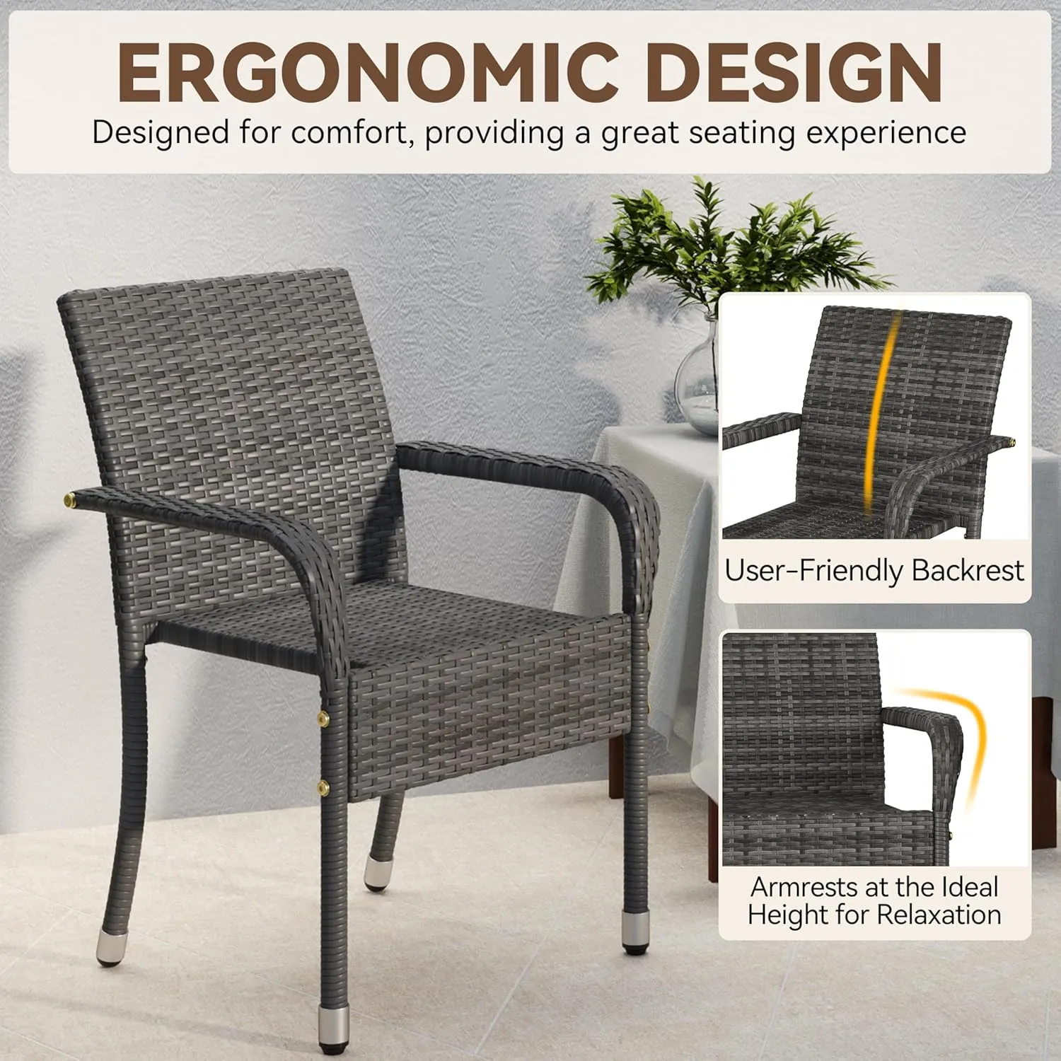 Yaheetech Set of 2 Stackable Outdoor Rattan Dining Chairs, All-Weather Firepits Armchair w/Armrests, Steel Frame for Garden, Patio, Deck, Yard, Poolside, Gray