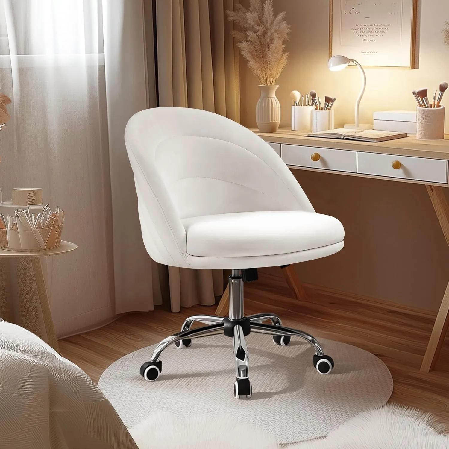 Yaheetech Velvet Cute Armless Desk Office Chair Adjustable Comfy Soft Swivel Vanity Chair with Wheels for Home Office, Living Room White