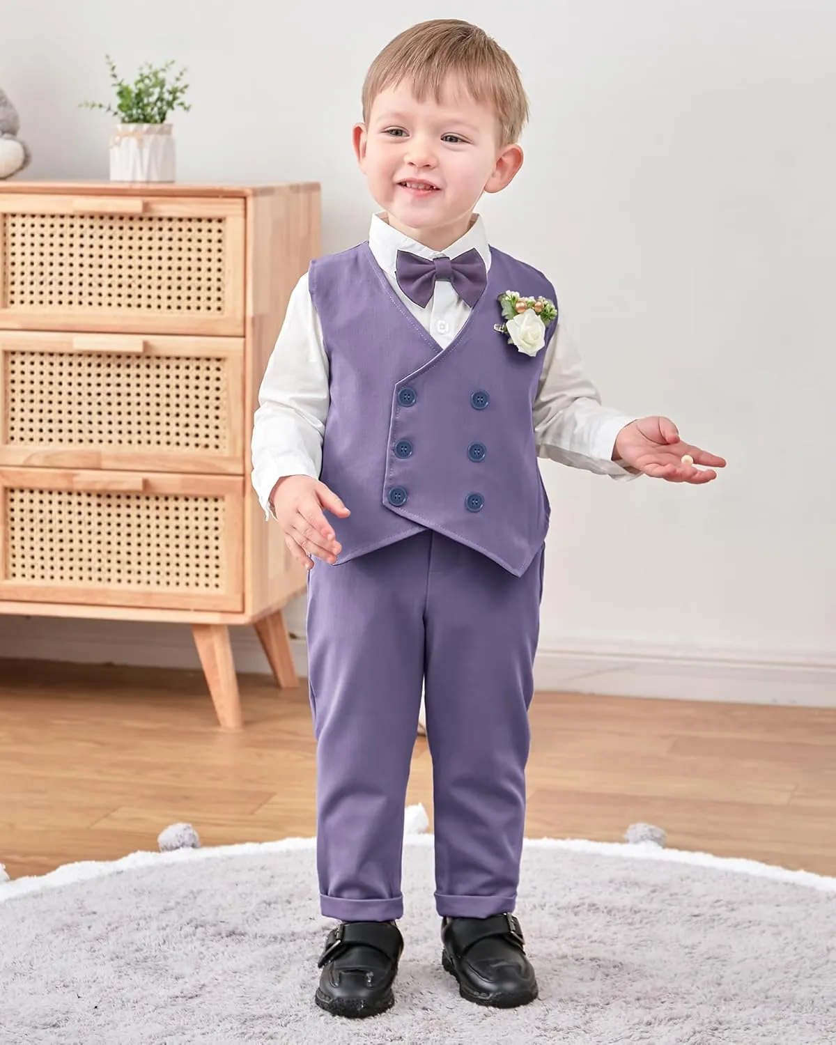 YALLET Toddler Baby Boy Clothes Suit Gentleman Wedding Outfits, Formal Dress Shirt Bowtie Vest Boutonniere Suspender Pants