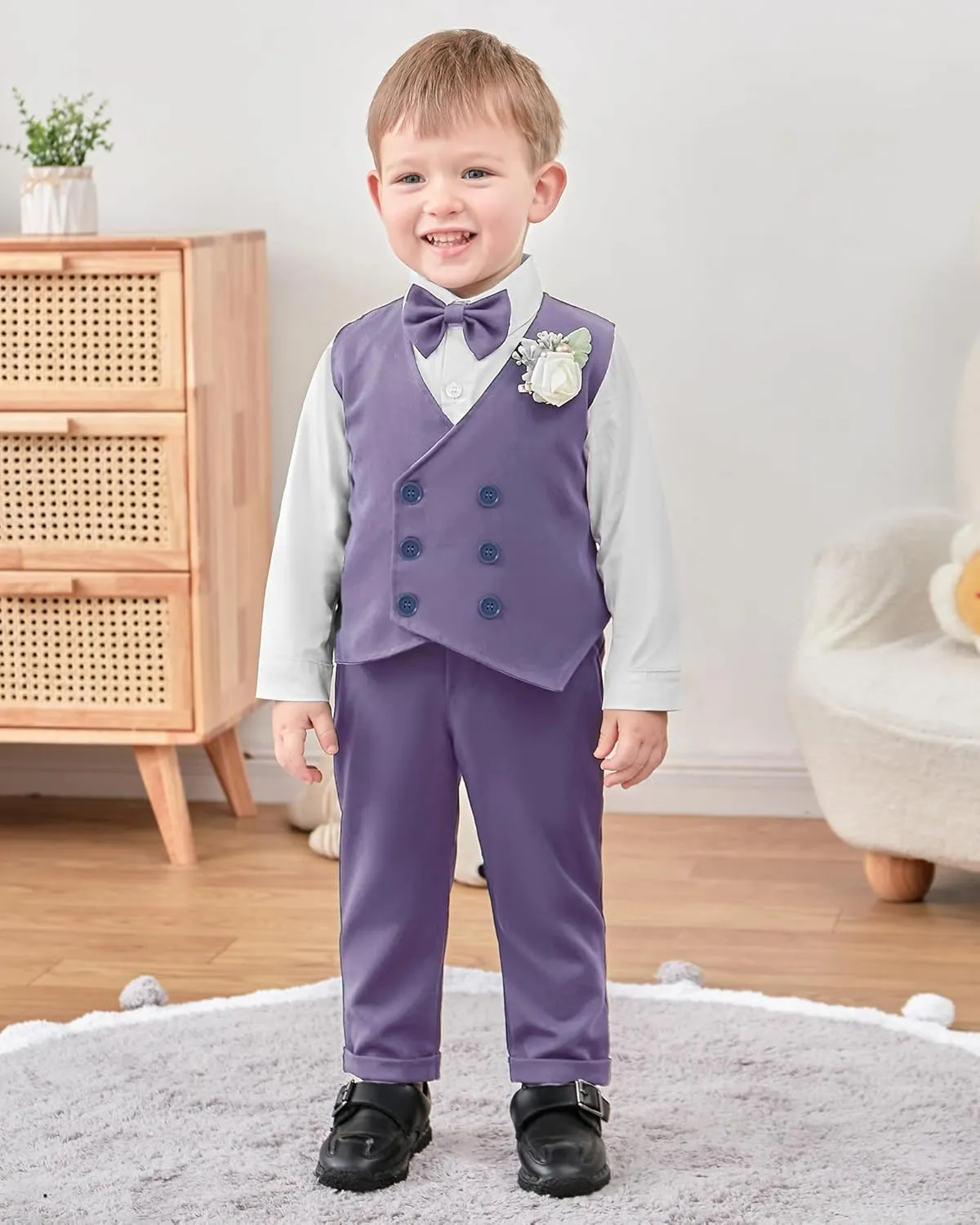 YALLET Toddler Baby Boy Clothes Suit Gentleman Wedding Outfits, Formal Dress Shirt Bowtie Vest Boutonniere Suspender Pants
