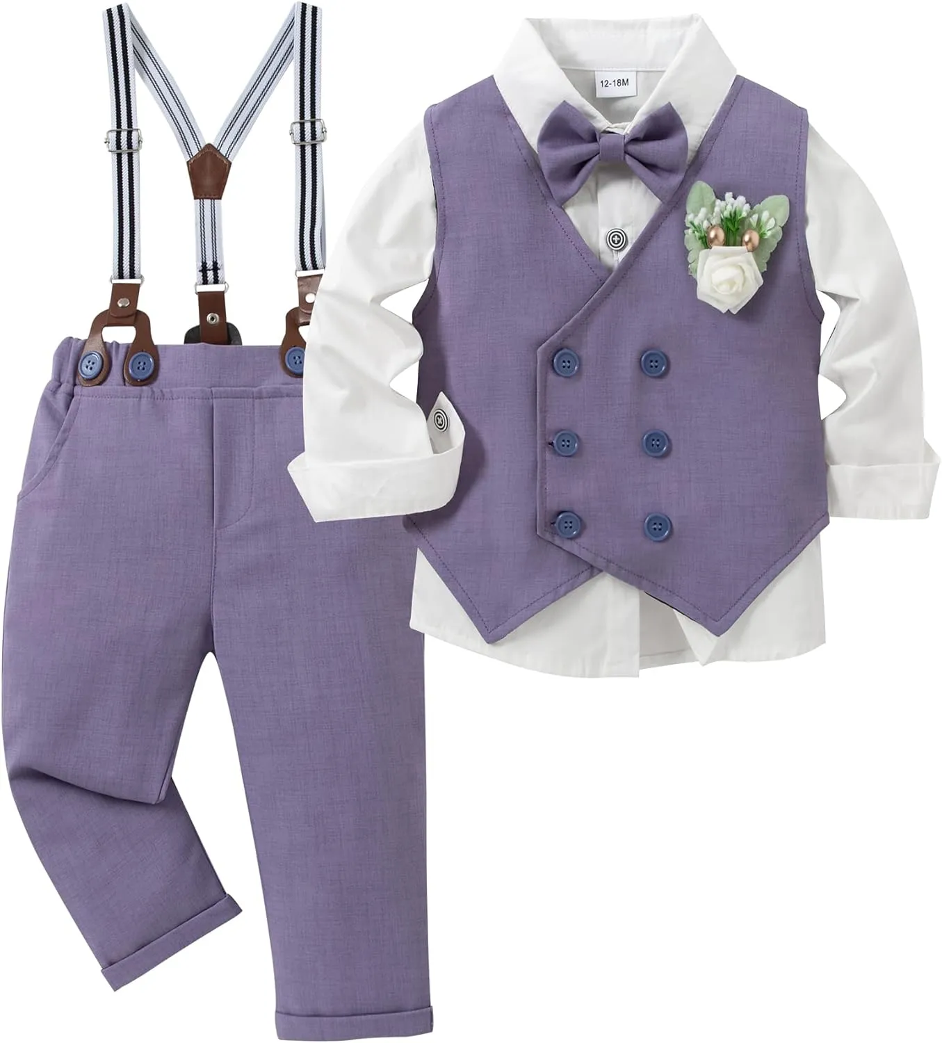 YALLET Toddler Baby Boy Clothes Suit Gentleman Wedding Outfits, Formal Dress Shirt Bowtie Vest Boutonniere Suspender Pants