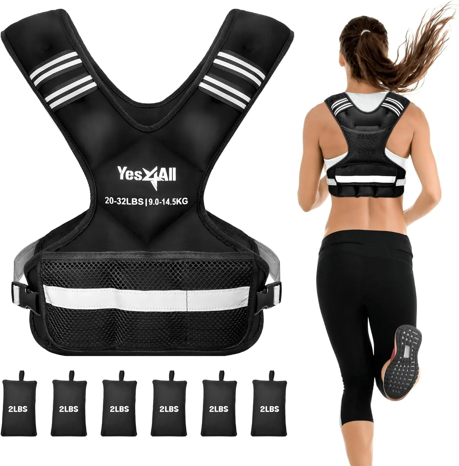 Yes4All Adjustable Weighted Vest 11-32lbs with Reflective Strip, Large Weight Vest for Strength Training for Men & Women
