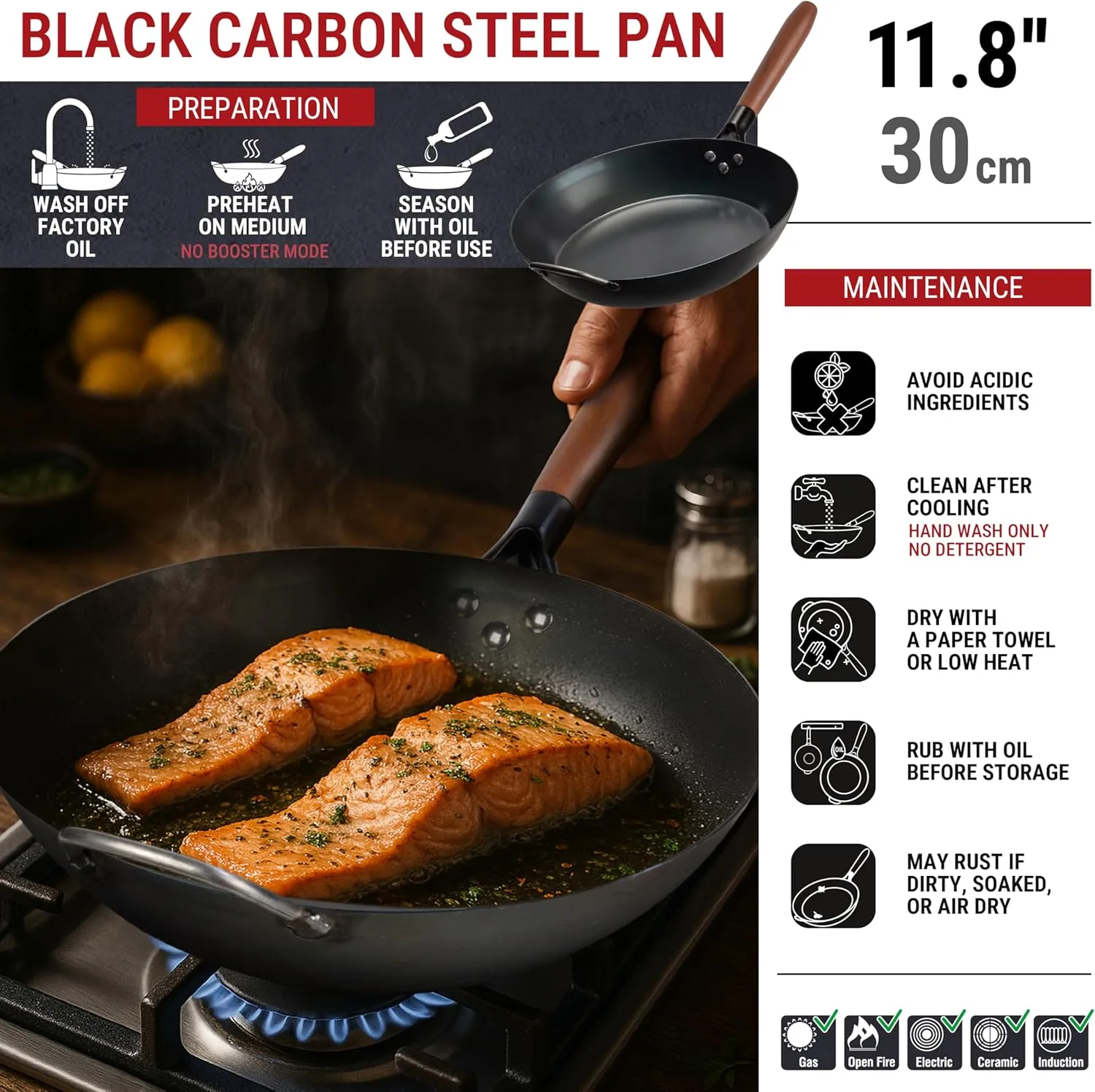 YOSUKATA Coating-Free Carbon Steel Pan - Durable 11.8 Inch Frying Pans for Cooking Healthy and Delicious Meals - Carbon Steel Skillet with Removable Heat-Resistant Wooden Handle