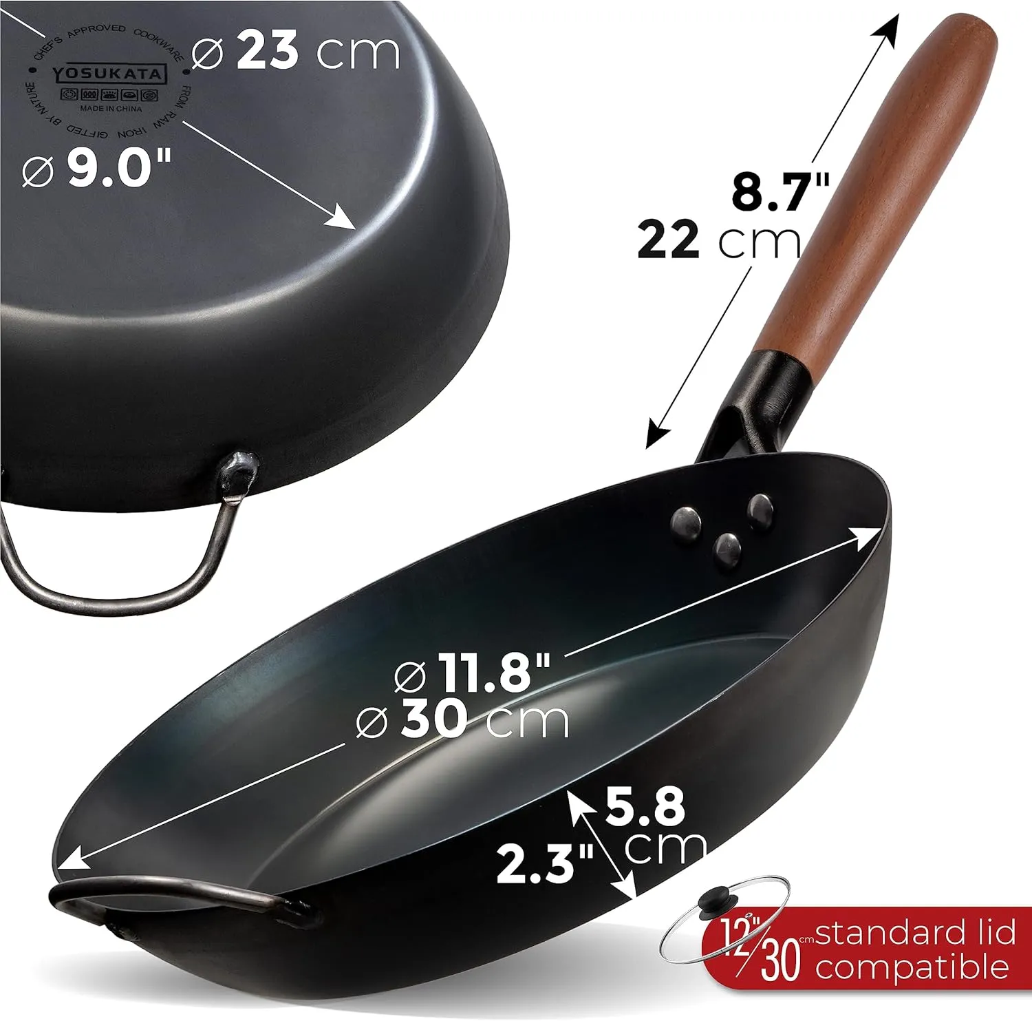 YOSUKATA Coating-Free Carbon Steel Pan - Durable 11.8 Inch Frying Pans for Cooking Healthy and Delicious Meals - Carbon Steel Skillet with Removable Heat-Resistant Wooden Handle