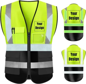 YOWESHOP High Visibility Reflective Safety Vest Customize Logo With 5 Pockets Protective Workwear Outdoor Work Vest (S, Yellow Black Luminous)