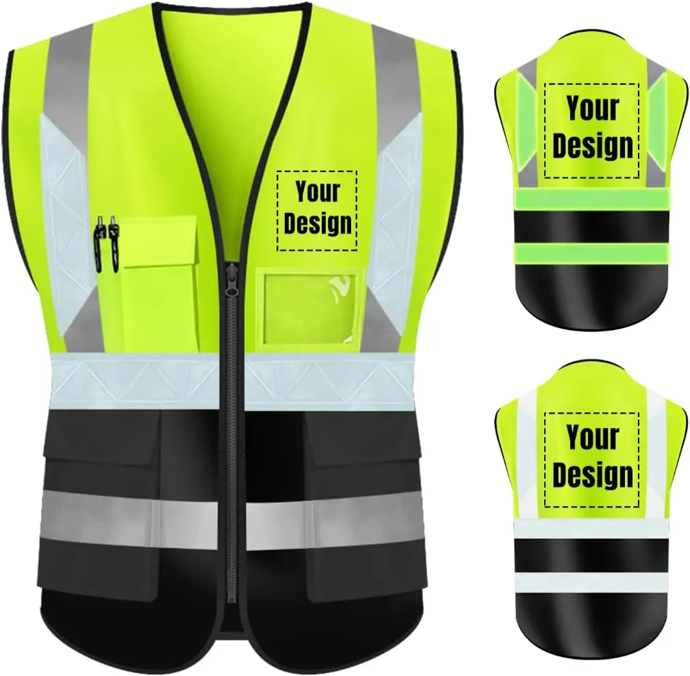 YOWESHOP High Visibility Safety Vest Custom Your Logo Protective Workwear 5 Pockets With Reflective Strips Outdoor Work Vest (XL, Yellow Black Luminous)