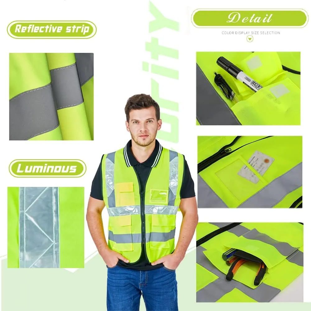 YOWESHOP High Visibility Safety Vest Custom Your Logo Protective Workwear 5 Pockets With Reflective Strips Outdoor Work Vest (XL, Yellow Black Luminous)