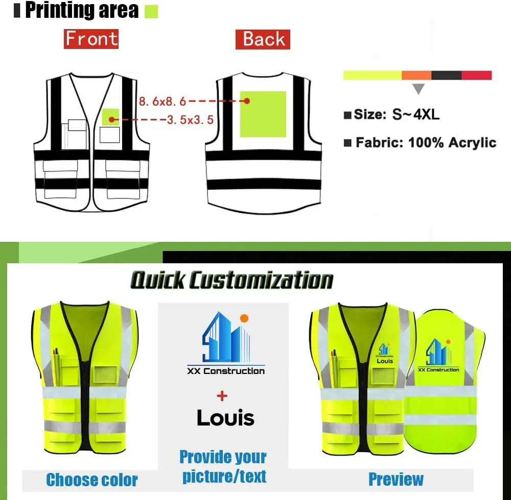 YOWESHOP High Visibility Safety Vest Custom Your Logo Protective Workwear 5 Pockets With Reflective Strips Outdoor Work Vest (XL, Yellow Black Luminous)