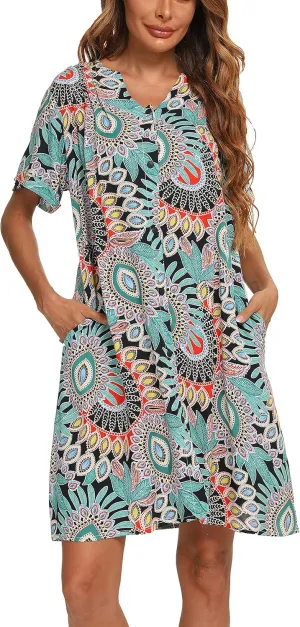 YOZLY House Dress Women Cotton Duster Robe Short Sleeve Housecoat Button Down Nightgown