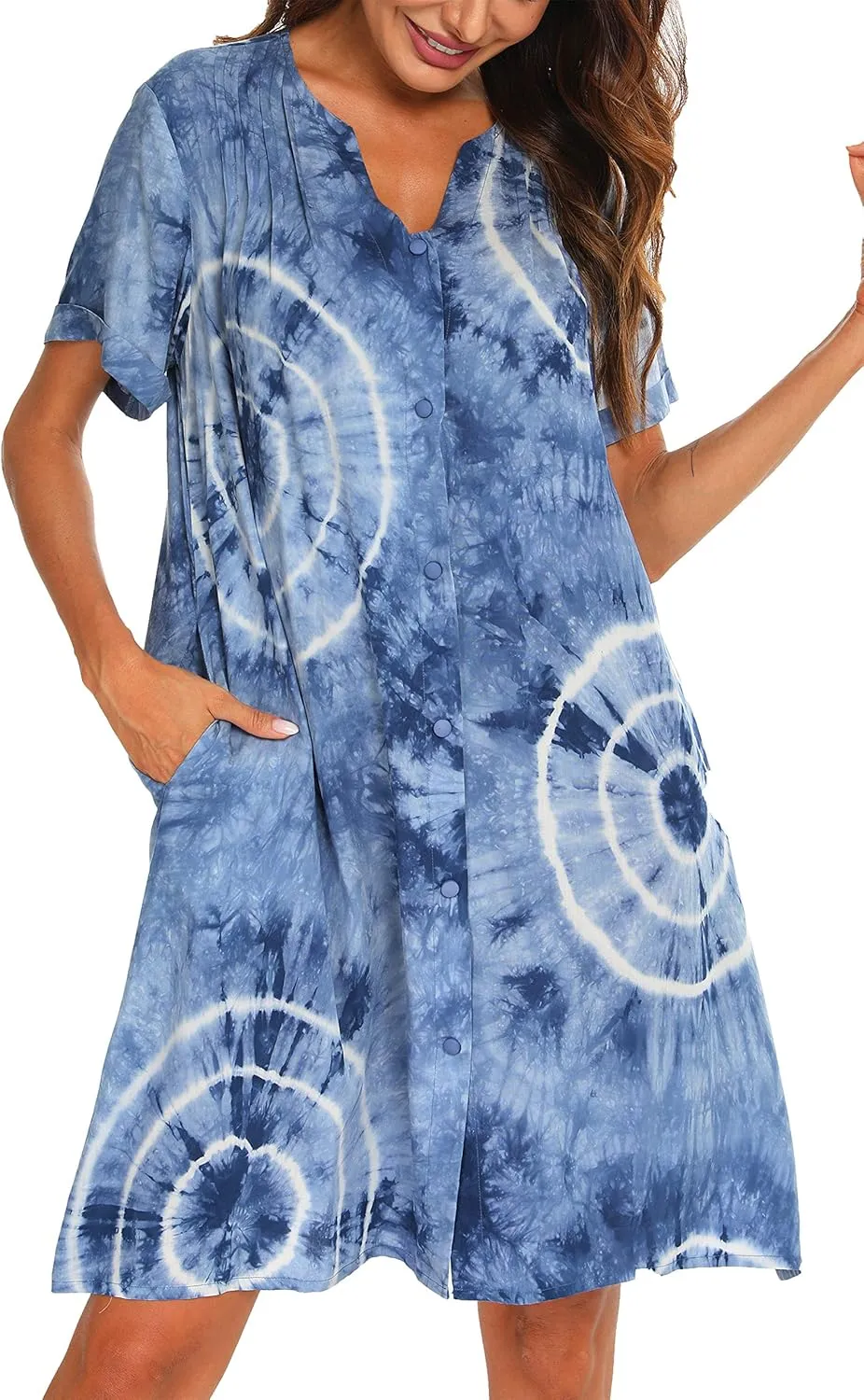YOZLY House Dress Women Cotton Duster Robe Short Sleeve Housecoat Button Down Nightgown