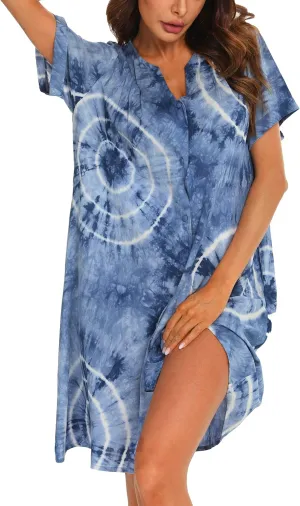 YOZLY House Dress Women Cotton Duster Robe Short Sleeve Housecoat Button Down Nightgown