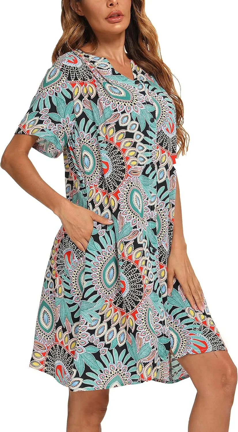 YOZLY House Dress Women Cotton Duster Robe Short Sleeve Housecoat Button Down Nightgown