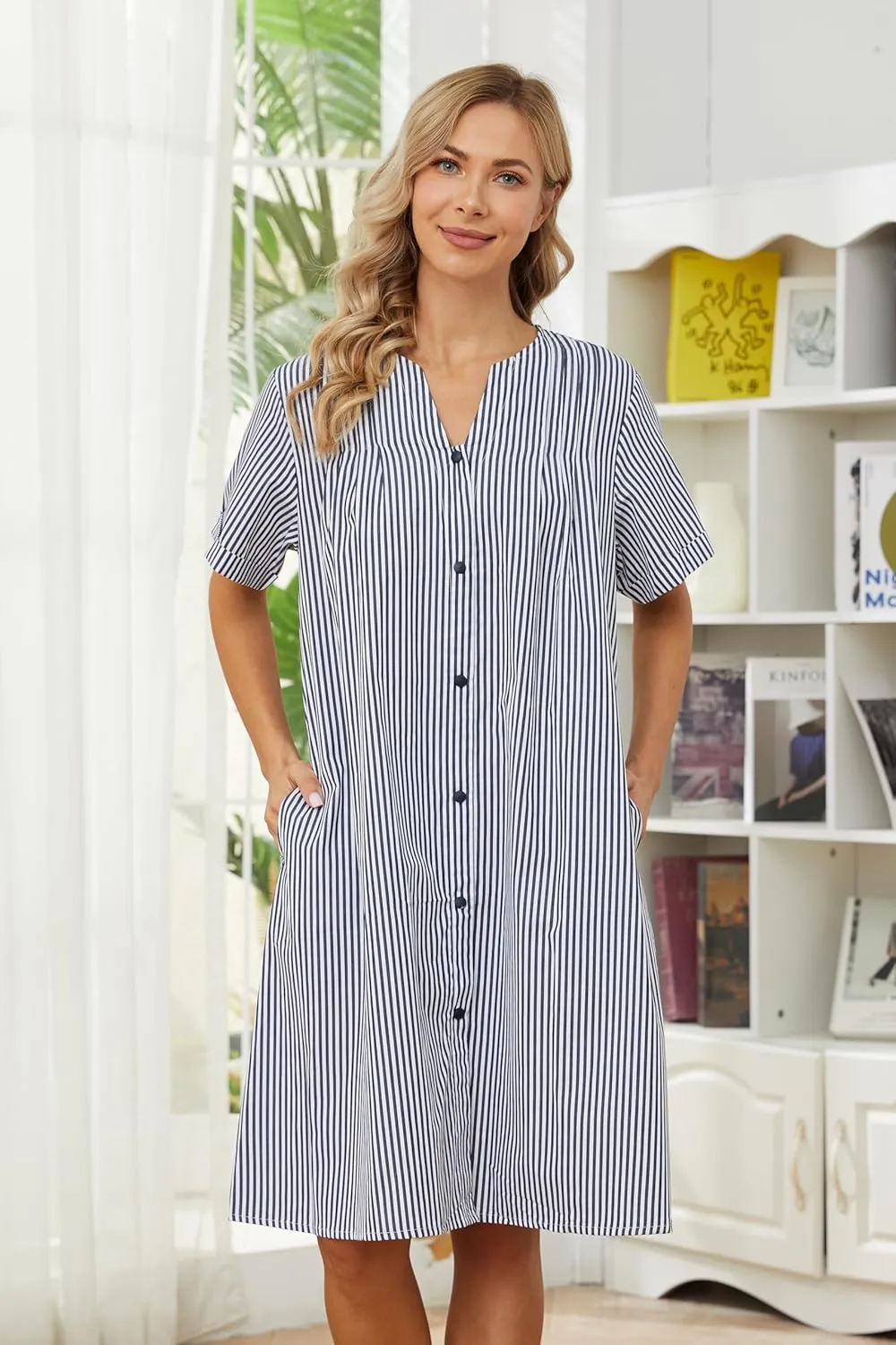 YOZLY House Dress Women Cotton Duster Robe Short Sleeve Housecoat Button Down Nightgown