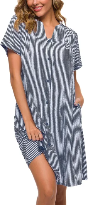 YOZLY House Dress Women Cotton Duster Robe Short Sleeve Housecoat Button Down Nightgown