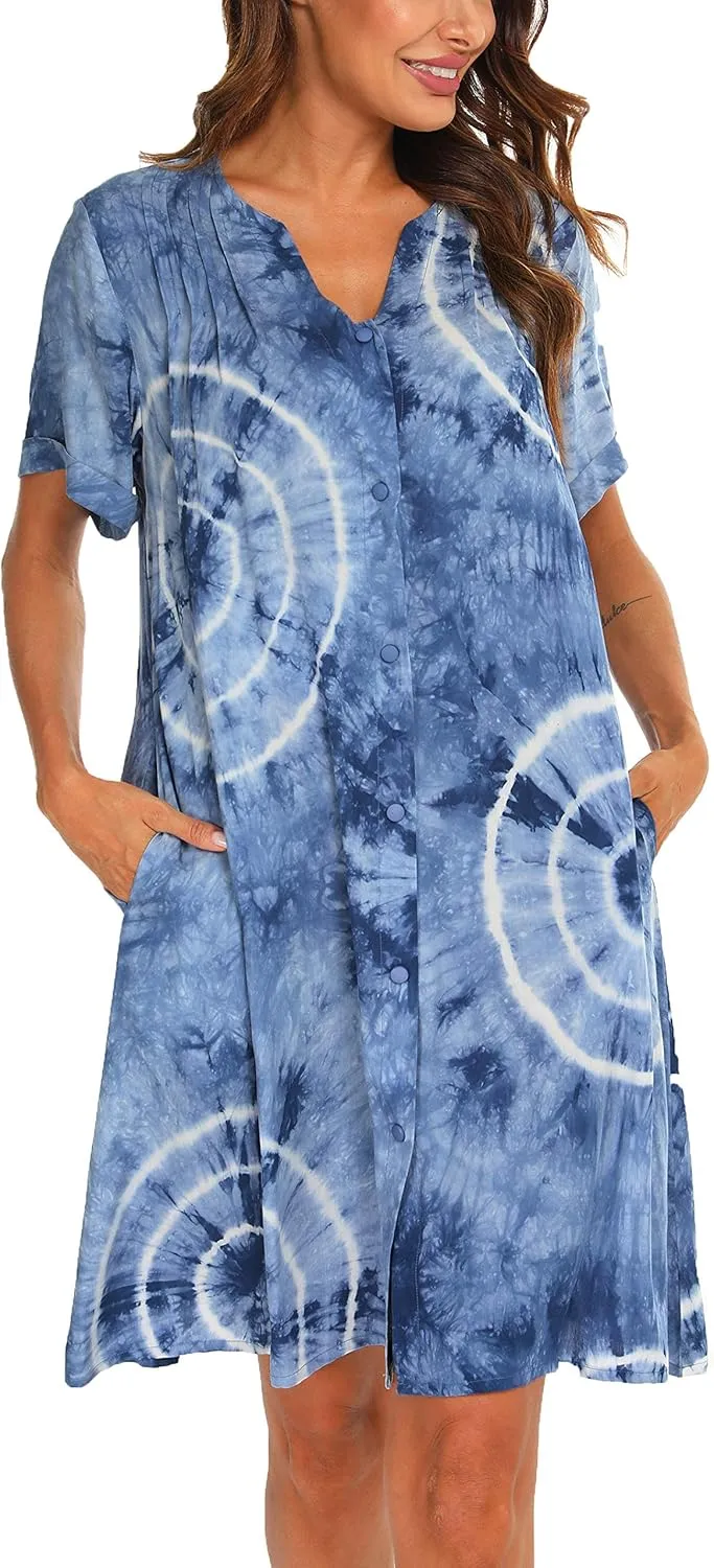 YOZLY House Dress Women Cotton Duster Robe Short Sleeve Housecoat Button Down Nightgown