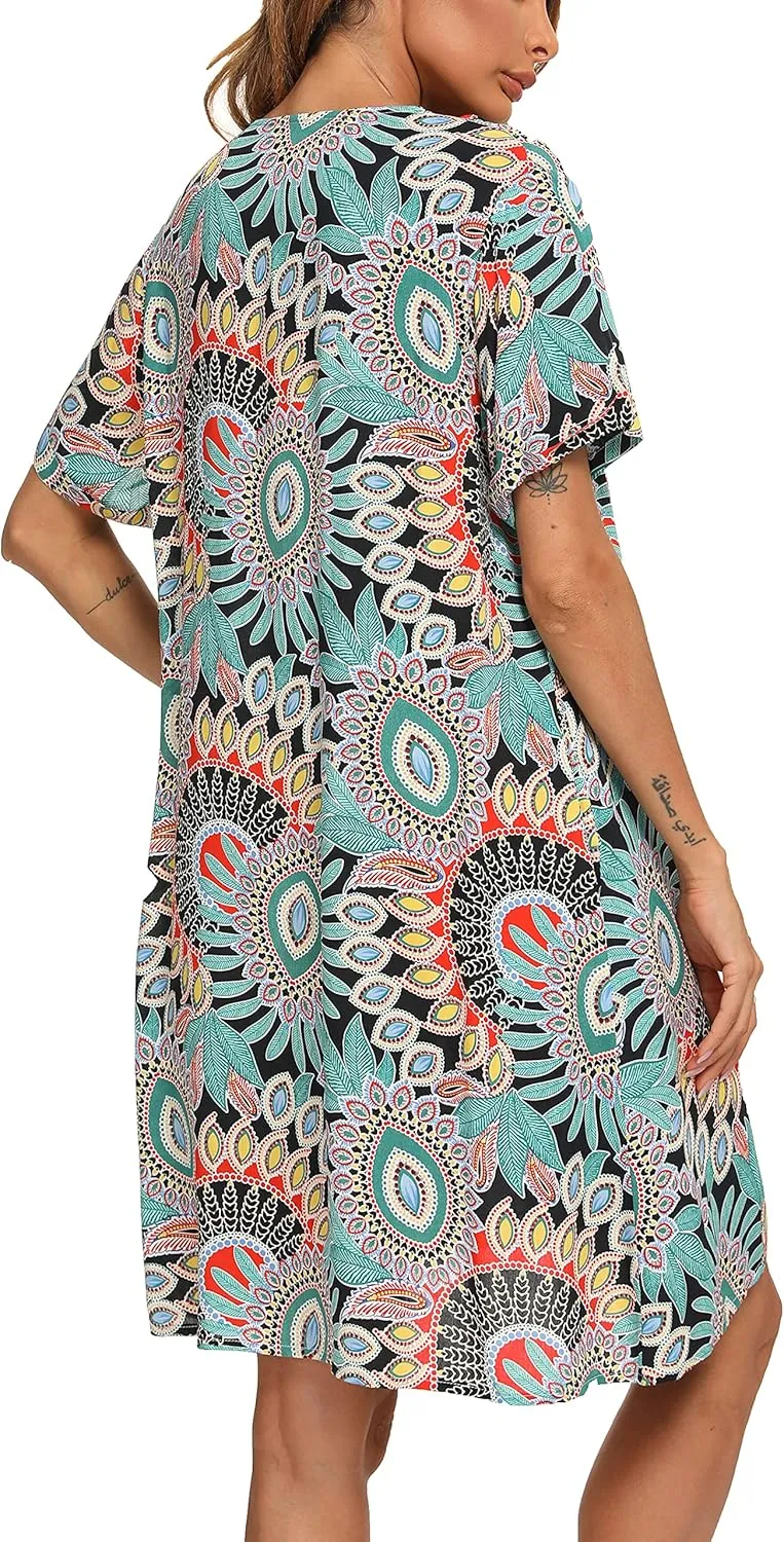 YOZLY House Dress Women Cotton Duster Robe Short Sleeve Housecoat Button Down Nightgown