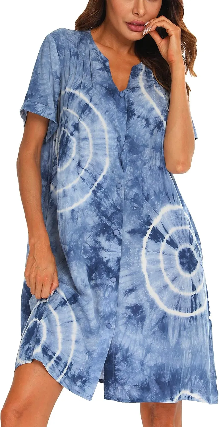 YOZLY House Dress Women Cotton Duster Robe Short Sleeve Housecoat Button Down Nightgown