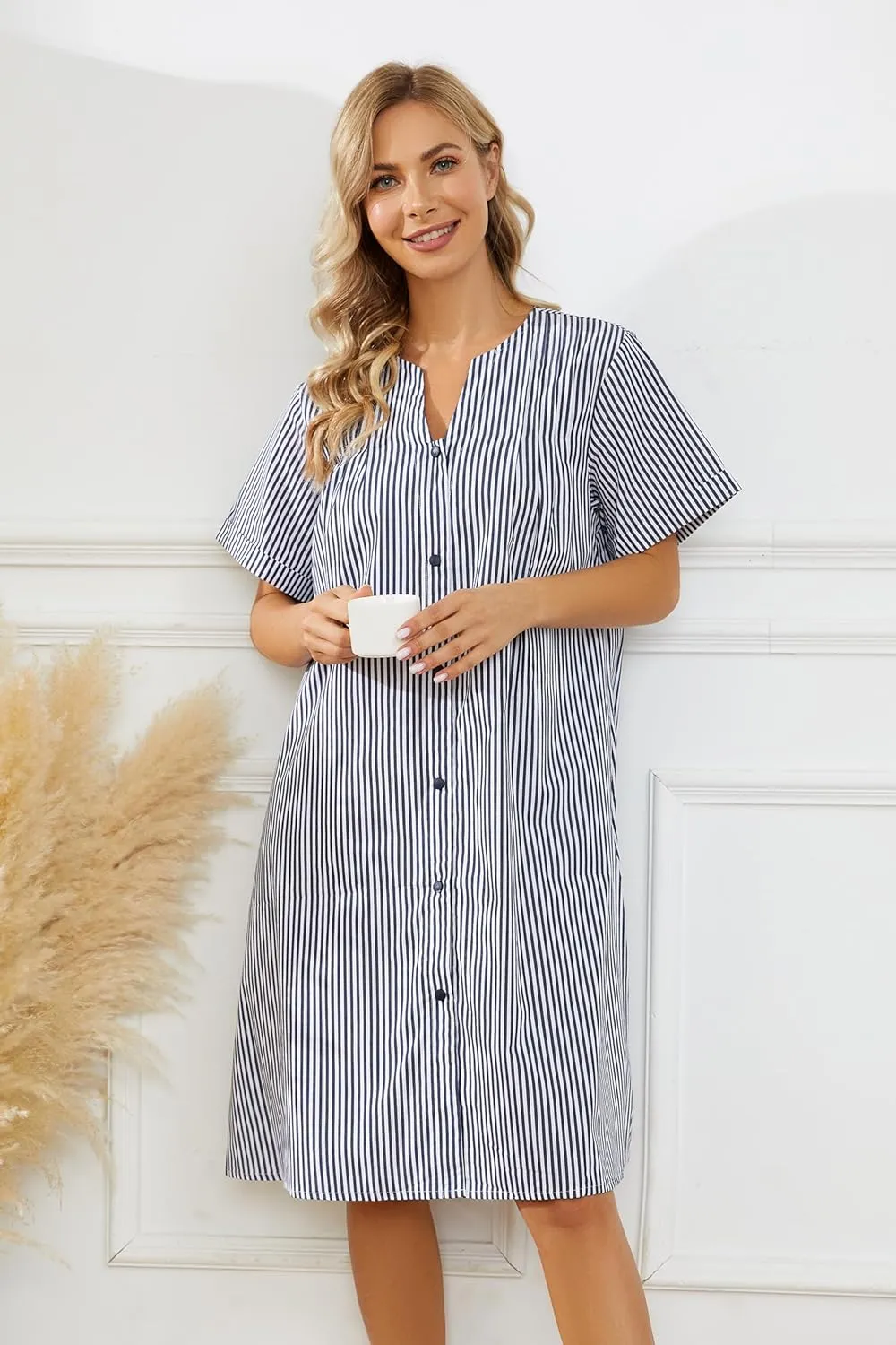 YOZLY House Dress Women Cotton Duster Robe Short Sleeve Housecoat Button Down Nightgown