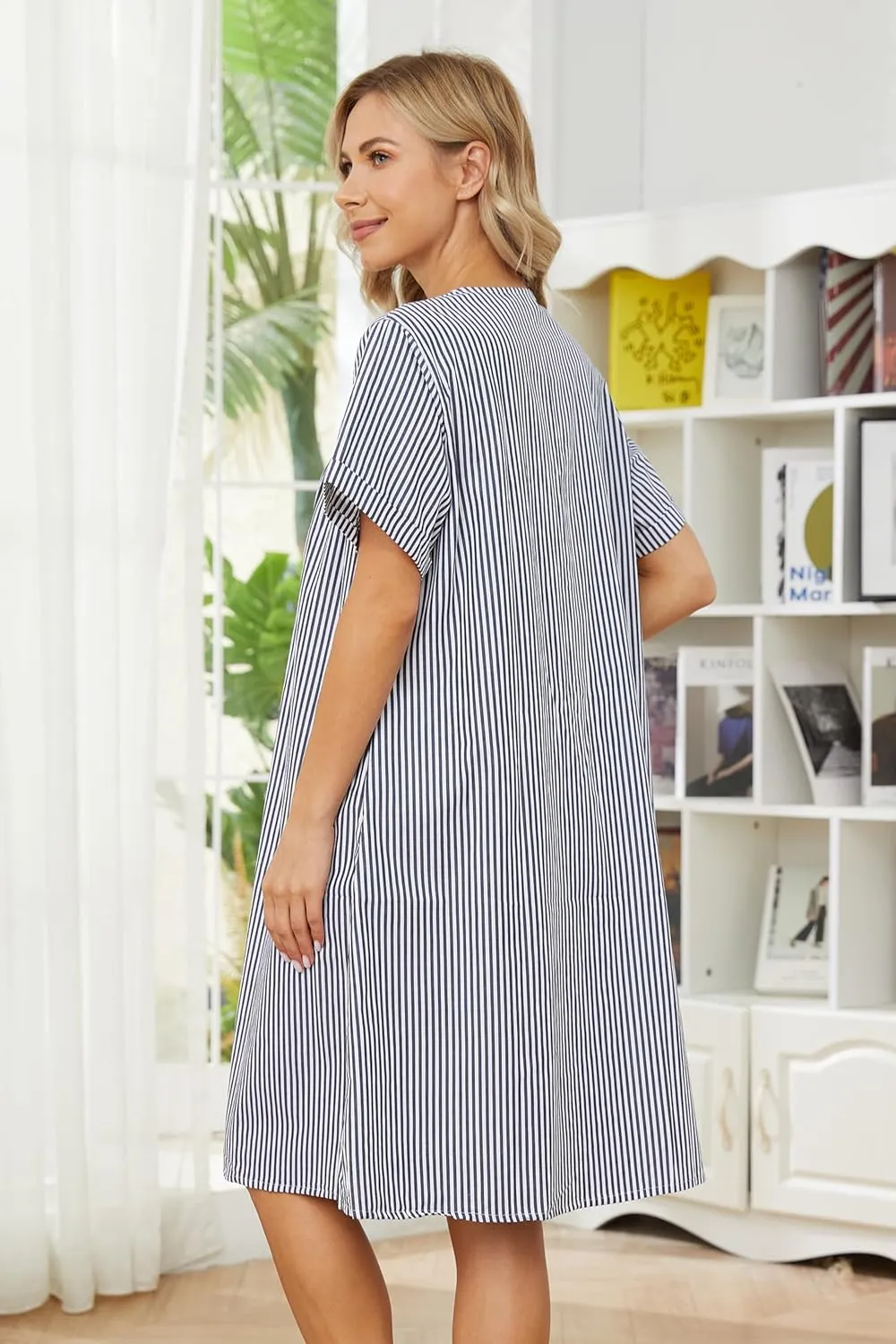 YOZLY House Dress Women Cotton Duster Robe Short Sleeve Housecoat Button Down Nightgown