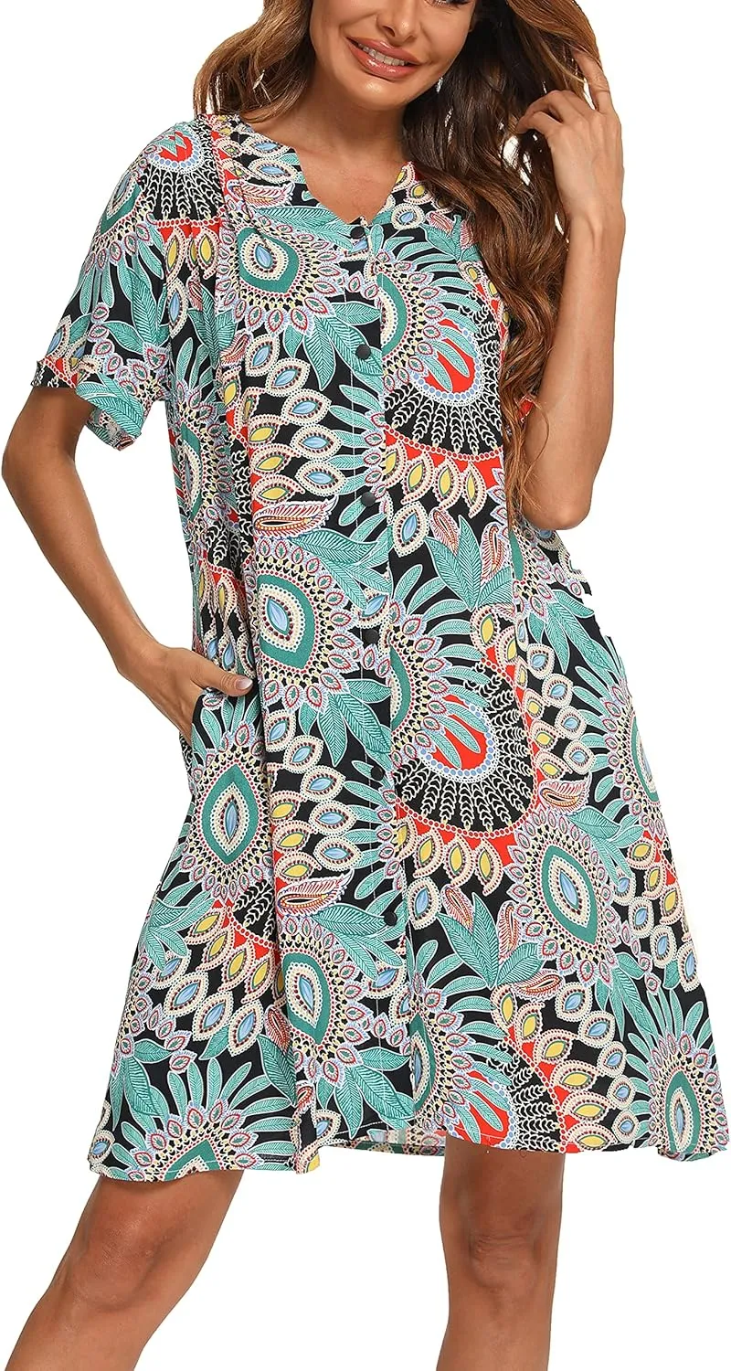 YOZLY House Dress Women Cotton Duster Robe Short Sleeve Housecoat Button Down Nightgown