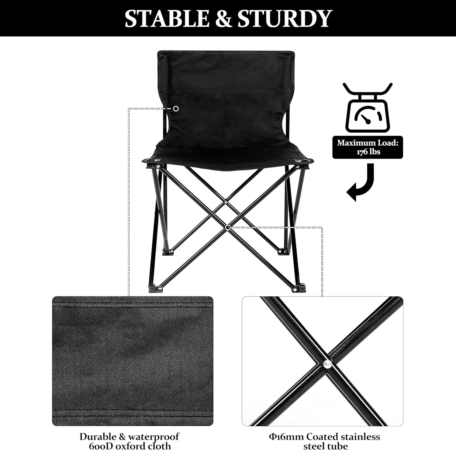 YSSOA Portable Folding Camping Chair with Carry Bag, Collapsible Anti-Slip Padded Oxford Cloth Stool for Hiking, Fishing, Gardening, Picnic, Small, Black