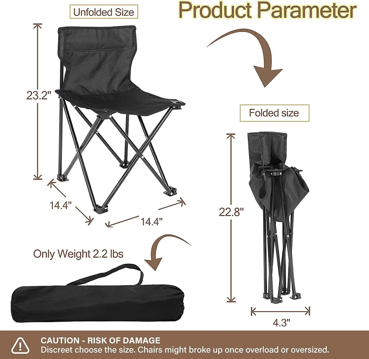 YSSOA Portable Folding Camping Chair with Carry Bag, Collapsible Anti-Slip Padded Oxford Cloth Stool for Hiking, Fishing, Gardening, Picnic, Small, Black