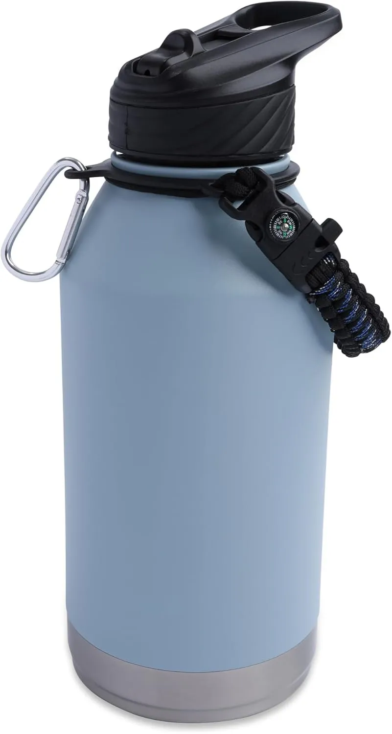 Zenith Straw Stainless Steel Bottle with Carabiner, Compass, Signal Whistle, and Fire Starter - 64 Oz - Denim Powder Coat