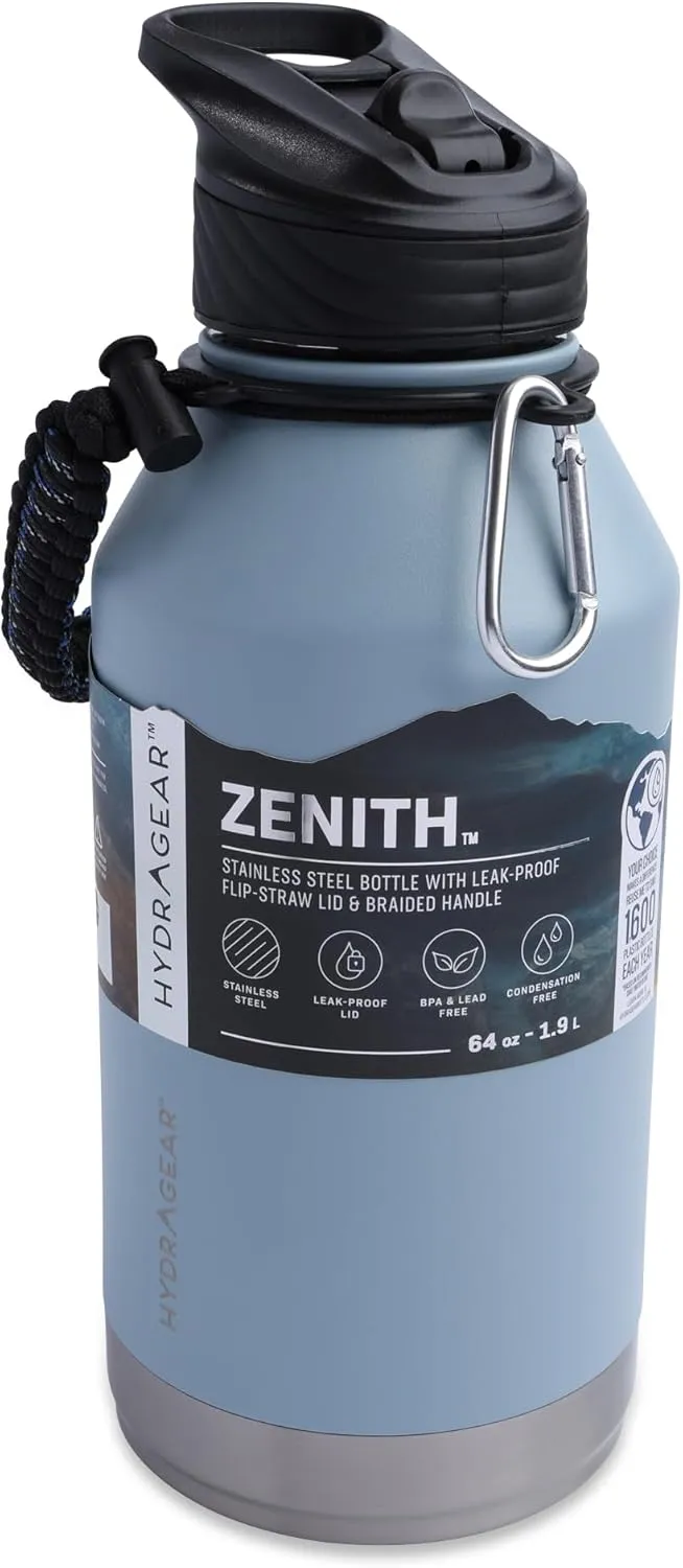 Zenith Straw Stainless Steel Bottle with Carabiner, Compass, Signal Whistle, and Fire Starter - 64 Oz - Denim Powder Coat