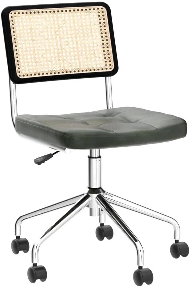 Zesthouse Mid Century Home Office Chair, Armless Swivel Desk Chair with Rattan Back & Adjustable Height, Upholstered Faux Leather, Green
