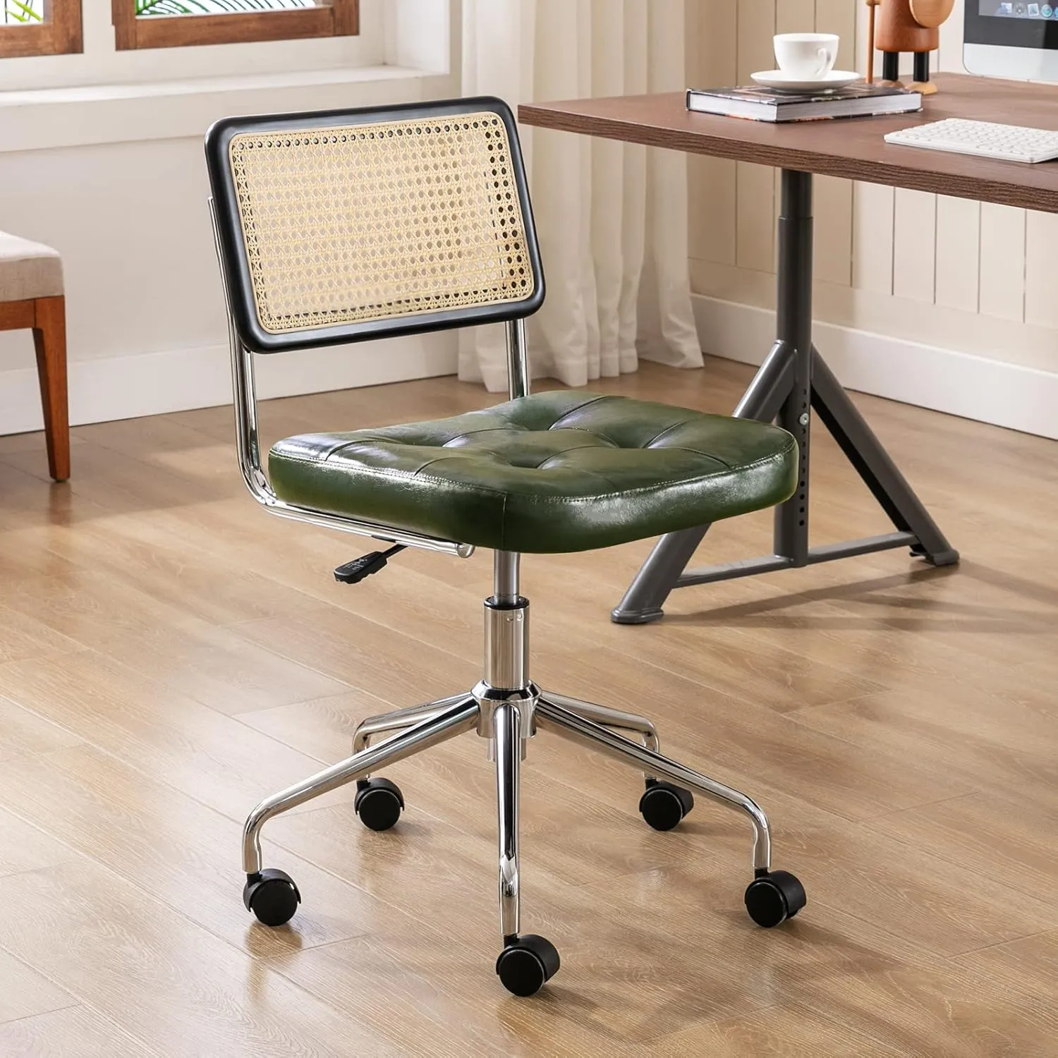 Zesthouse Mid Century Home Office Chair, Armless Swivel Desk Chair with Rattan Back & Adjustable Height, Upholstered Faux Leather, Green