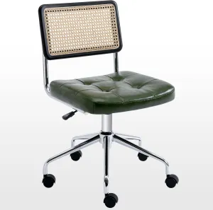 Zesthouse Mid Century Home Office Chair, Armless Swivel Desk Chair with Rattan Back & Adjustable Height, Upholstered Faux Leather, Green