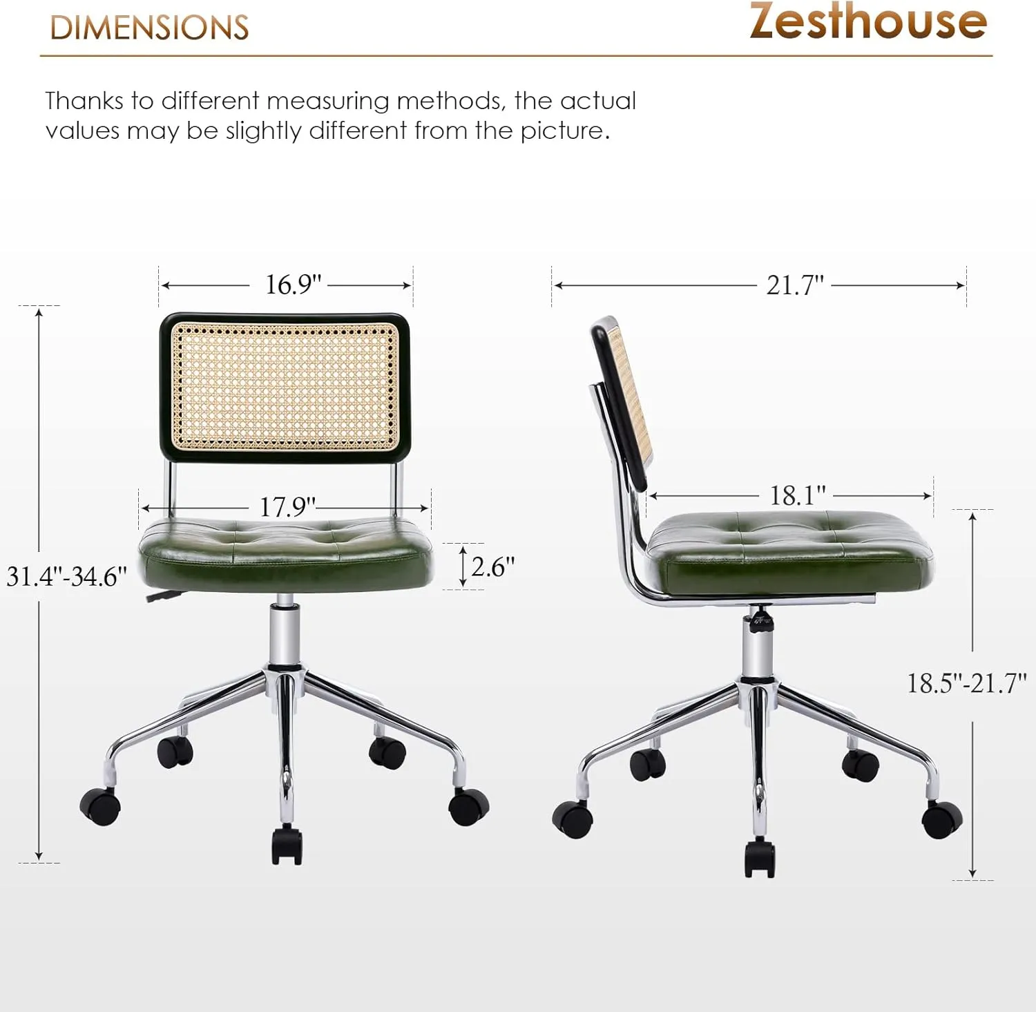 Zesthouse Mid Century Home Office Chair, Armless Swivel Desk Chair with Rattan Back & Adjustable Height, Upholstered Faux Leather, Green