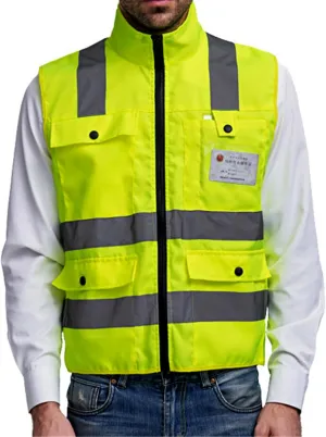 Zip Front Reflective Vest Multi Function Pockets Safety Clothing High Visibility Zipper Closure