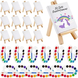 Zubebe End of The Year Gifts Bulk Mini Watercolor Paint Sets 12 Colors Watercolor 3 x 3'' Canvas Panel Wooden Easel Stretched Canvas Painting Brush for Art Party Favors Classroom Supplies(12 Set)